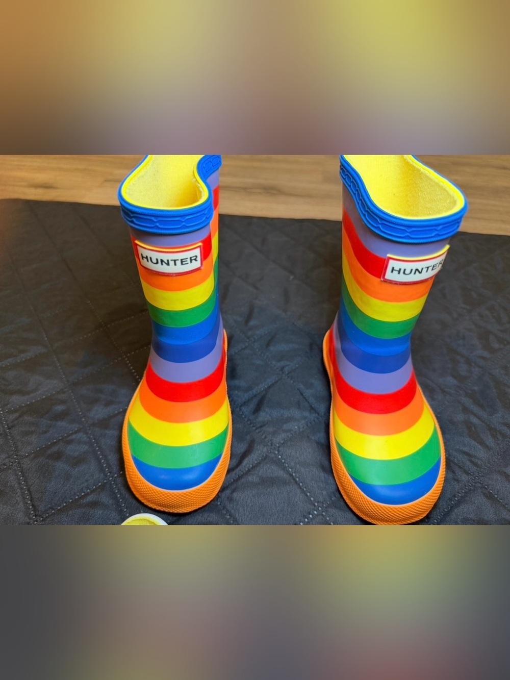 Hunter Kids Rainbow Striped Rain Boots with Yellow Lining